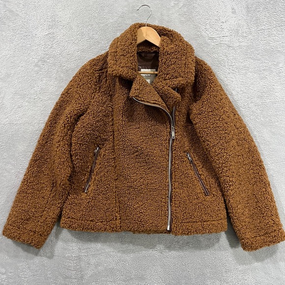 Abercrombie & Fitch Teddy Jacket Womens M Sherpa Moto Biker Brown Lined Y2K‎ - Picture 1 of 11